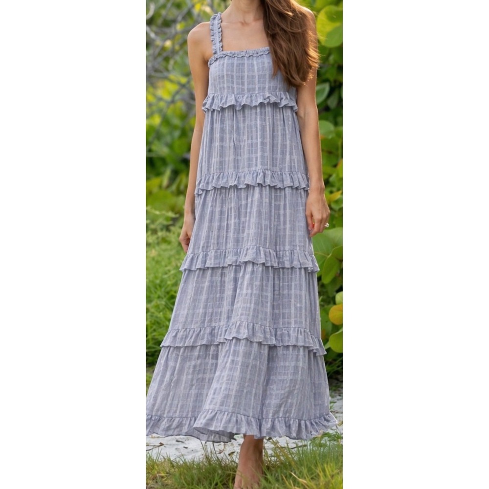 Bindu Blue Plaid‎ Tiered Maxi Dress Cotton Ruffle Strap Small Boho Cottagecore
